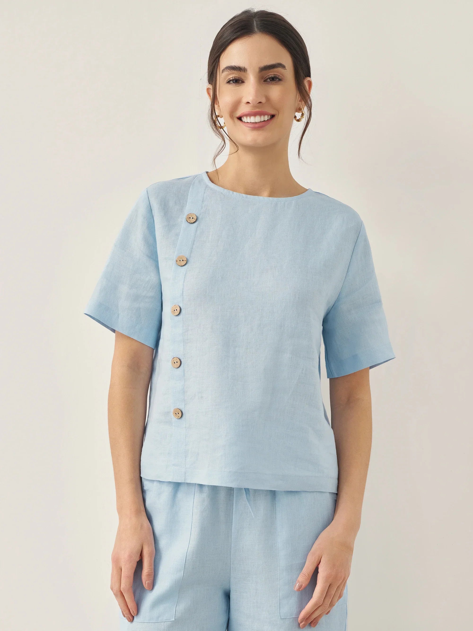 100% Linen Short-Sleeve Round Neck Button Detail Top & Pants Set JOSIE